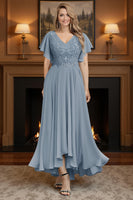 Load image into Gallery viewer, Dusty Blue V Neck A Line Ruffled Ankle Length Mother of the Bride Dress with Sleeves