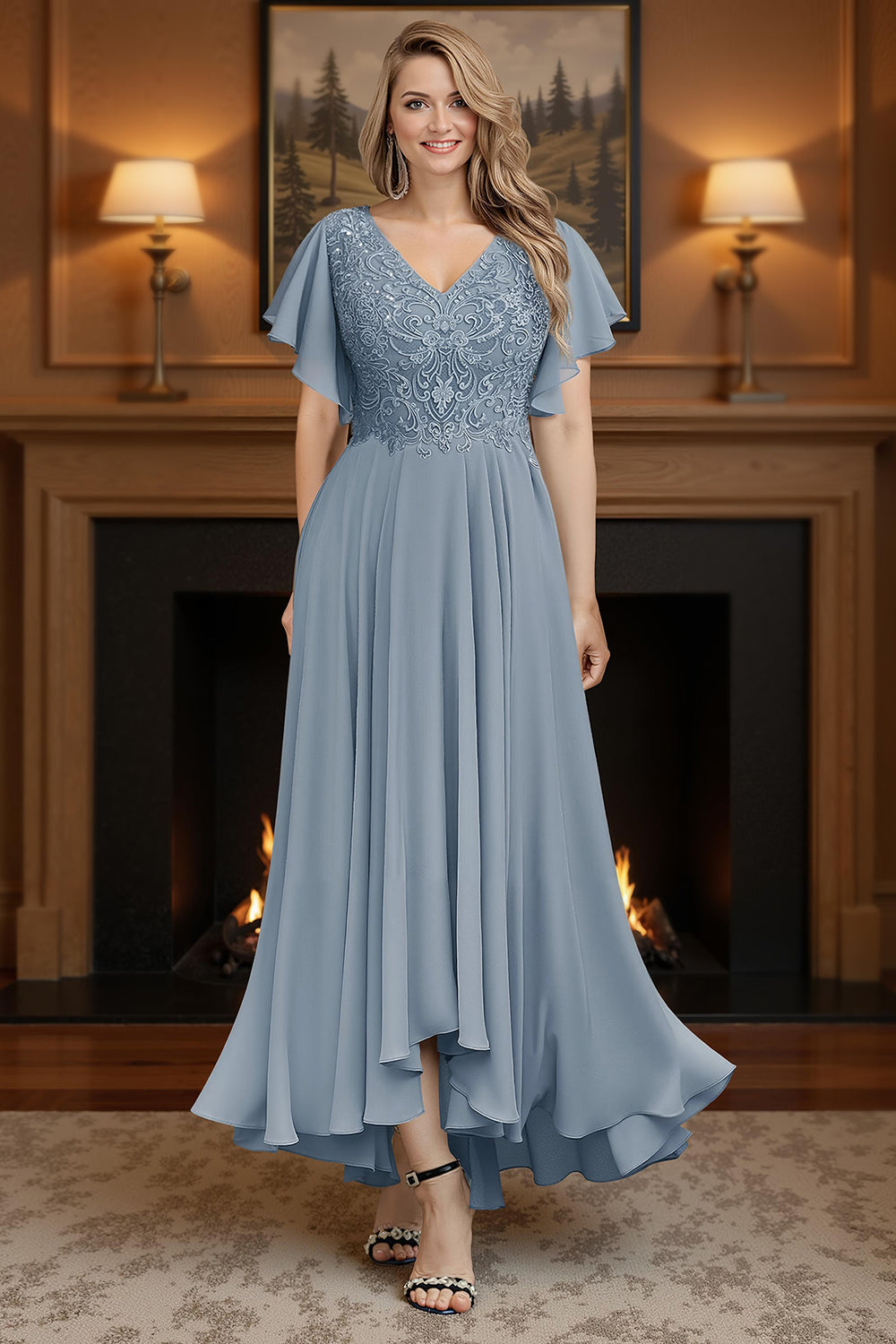 Dusty Blue V Neck A Line Ruffled Ankle Length Mother of the Bride Dress with Sleeves