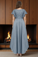 Load image into Gallery viewer, Dusty Blue V Neck A Line Ruffled Ankle Length Mother of the Bride Dress with Sleeves