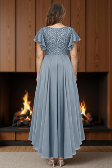 Dusty Blue V Neck A Line Ruffled Ankle Length Mother of the Bride Dress with Sleeves