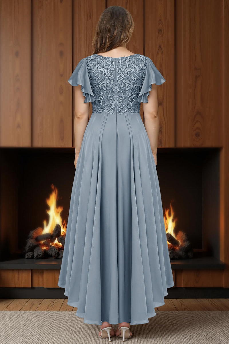 Load image into Gallery viewer, Dusty Blue V Neck A Line Ruffled Ankle Length Mother of the Bride Dress with Sleeves