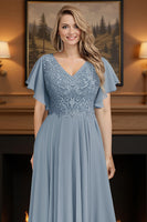 Load image into Gallery viewer, Dusty Blue V Neck A Line Ruffled Ankle Length Mother of the Bride Dress with Sleeves