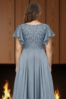 Load image into Gallery viewer, Dusty Blue V Neck A Line Ruffled Ankle Length Mother of the Bride Dress with Sleeves