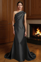 Load image into Gallery viewer, Champagne One Shoulder Sheath Ruched Long Mother of the Bride Dress