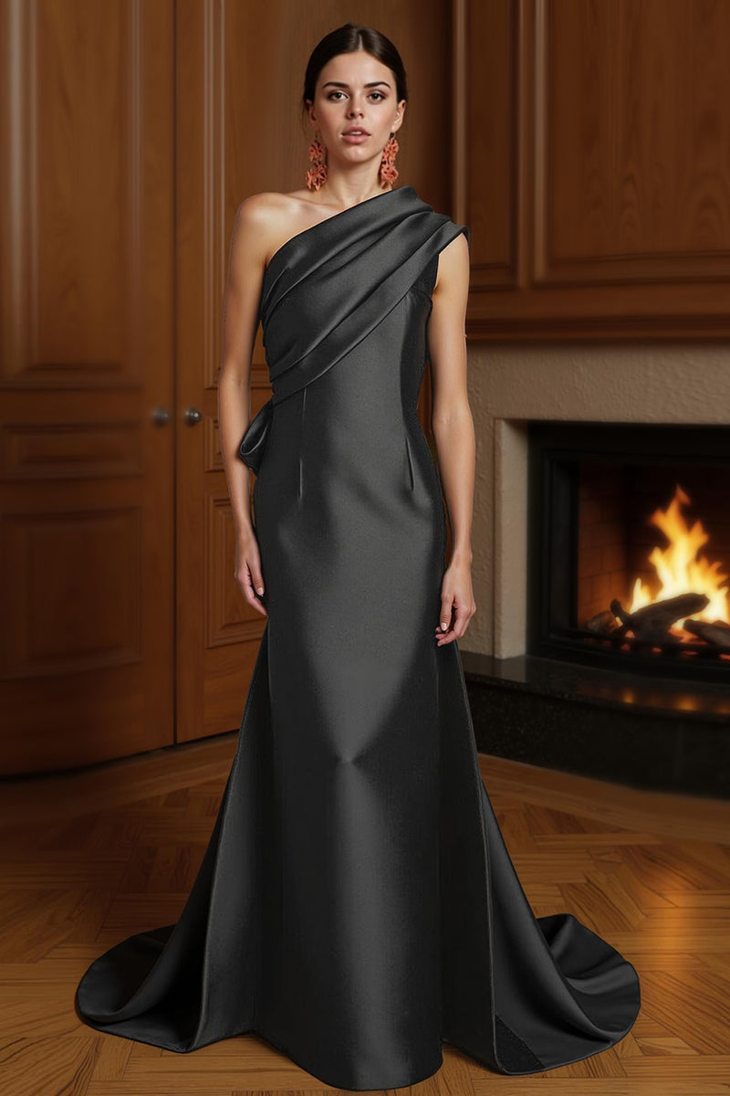 Load image into Gallery viewer, Champagne One Shoulder Sheath Ruched Long Mother of the Bride Dress