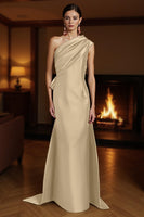 Load image into Gallery viewer, Champagne One Shoulder Sheath Ruched Long Mother of the Bride Dress