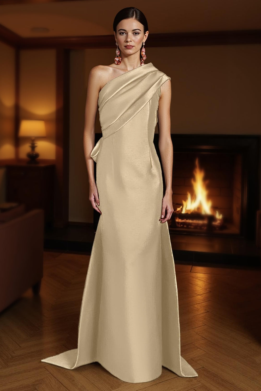 Champagne One Shoulder Sheath Ruched Long Mother of the Bride Dress