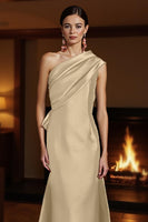 Load image into Gallery viewer, Champagne One Shoulder Sheath Ruched Long Mother of the Bride Dress