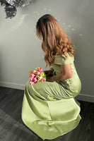 Load image into Gallery viewer, Green Off the Shoulder Ruched Sheath Long Formal Dress