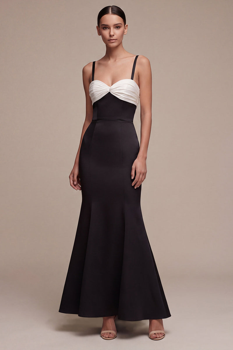 Load image into Gallery viewer, Black and White Ruched Spaghetti Straps Mermaid Long Formal Dress
