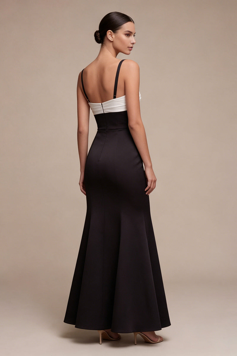 Load image into Gallery viewer, Black and White Ruched Spaghetti Straps Mermaid Long Formal Dress