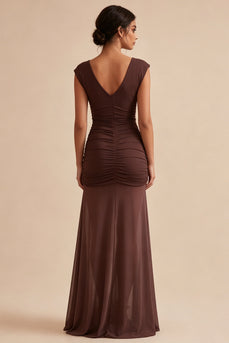Dark Coffee Chiffon Ruched V-Neck Sheath Long Formal Dress
