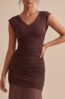 Load image into Gallery viewer, Dark Coffee Chiffon Ruched V-Neck Sheath Long Formal Dress
