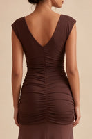 Load image into Gallery viewer, Dark Coffee Chiffon Ruched V-Neck Sheath Long Formal Dress