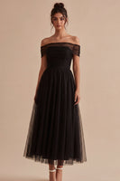 Load image into Gallery viewer, Black Off The Shoulder Ruched A-Line Long Formal Dress