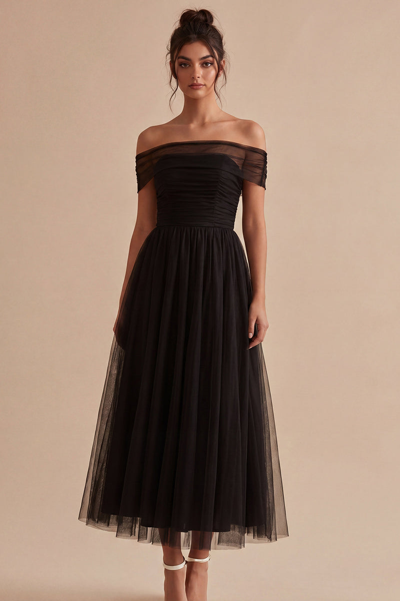 Load image into Gallery viewer, Black Off The Shoulder Ruched A-Line Long Formal Dress