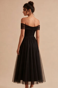 Black Off The Shoulder Ruched A-Line Long Formal Dress
