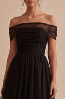 Load image into Gallery viewer, Black Off The Shoulder Ruched A-Line Long Formal Dress