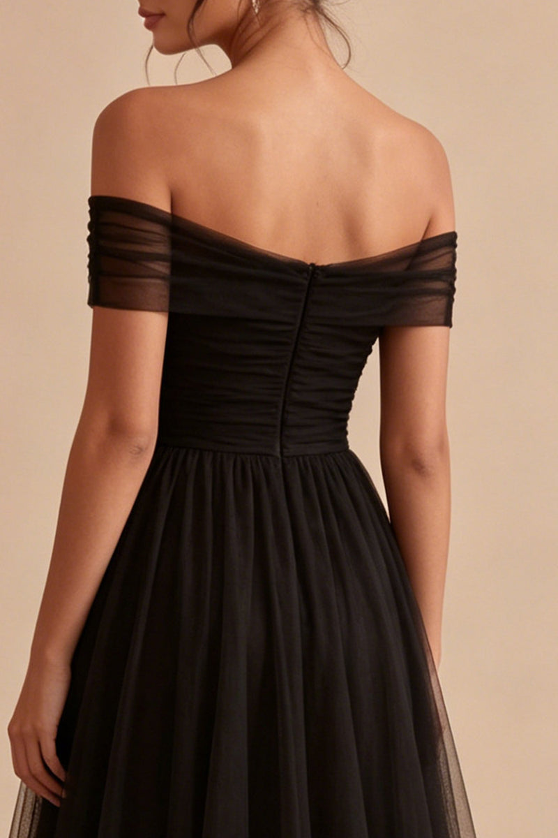 Load image into Gallery viewer, Black Off The Shoulder Ruched A-Line Long Formal Dress