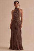Load image into Gallery viewer, High Neck Dark Coffee Peated Sheath Long Formal Dress