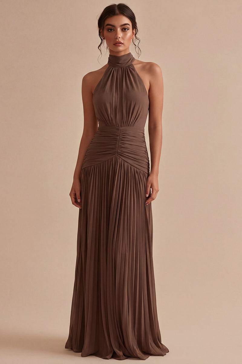 Load image into Gallery viewer, High Neck Dark Coffee Peated Sheath Long Formal Dress