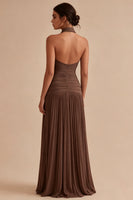 Load image into Gallery viewer, High Neck Dark Coffee Peated Sheath Long Formal Dress