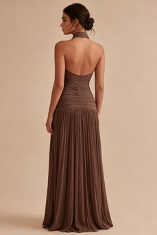 High Neck Dark Coffee Peated Sheath Long Formal Dress
