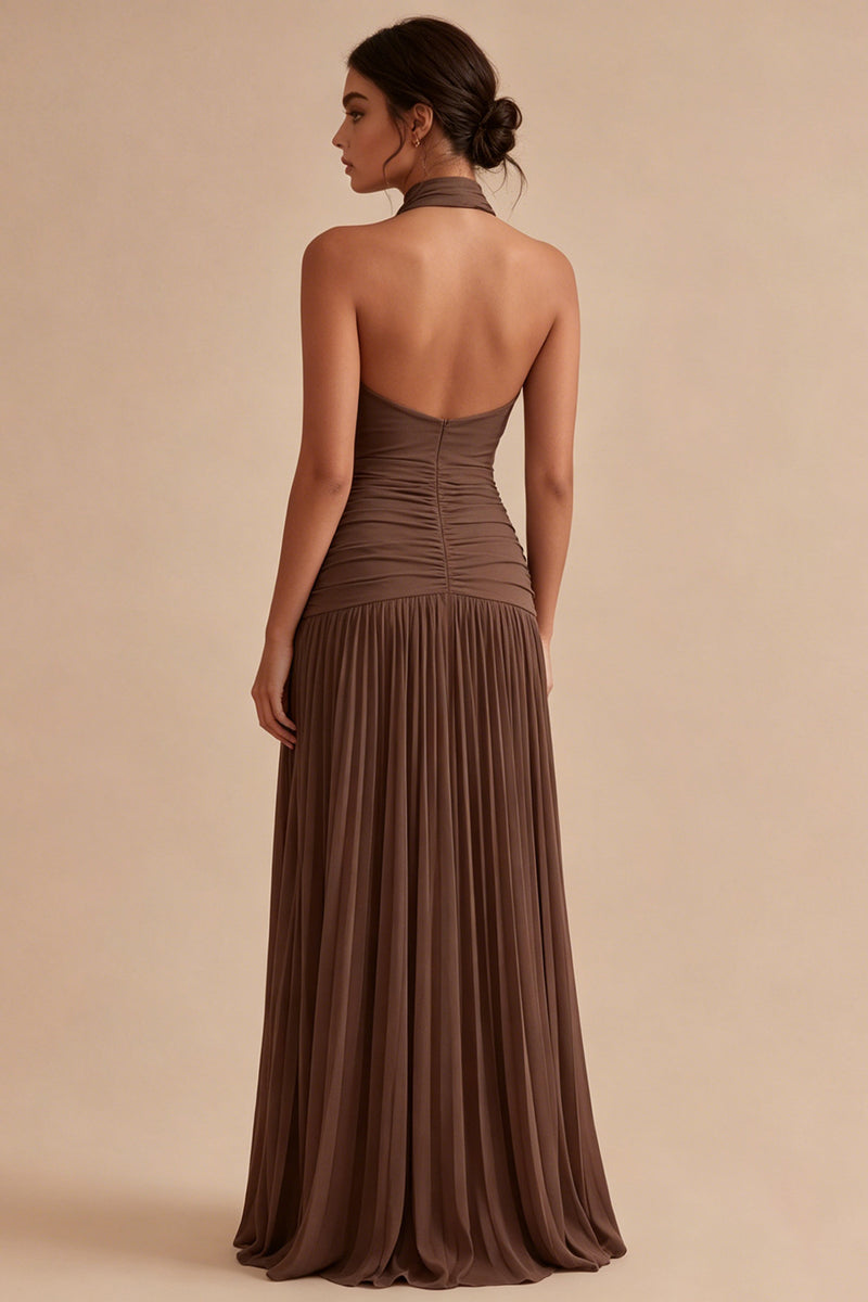 Load image into Gallery viewer, High Neck Dark Coffee Peated Sheath Long Formal Dress