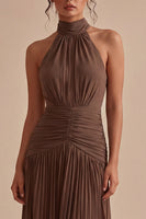 Load image into Gallery viewer, High Neck Dark Coffee Peated Sheath Long Formal Dress