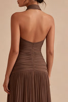 Load image into Gallery viewer, High Neck Dark Coffee Peated Sheath Long Formal Dress