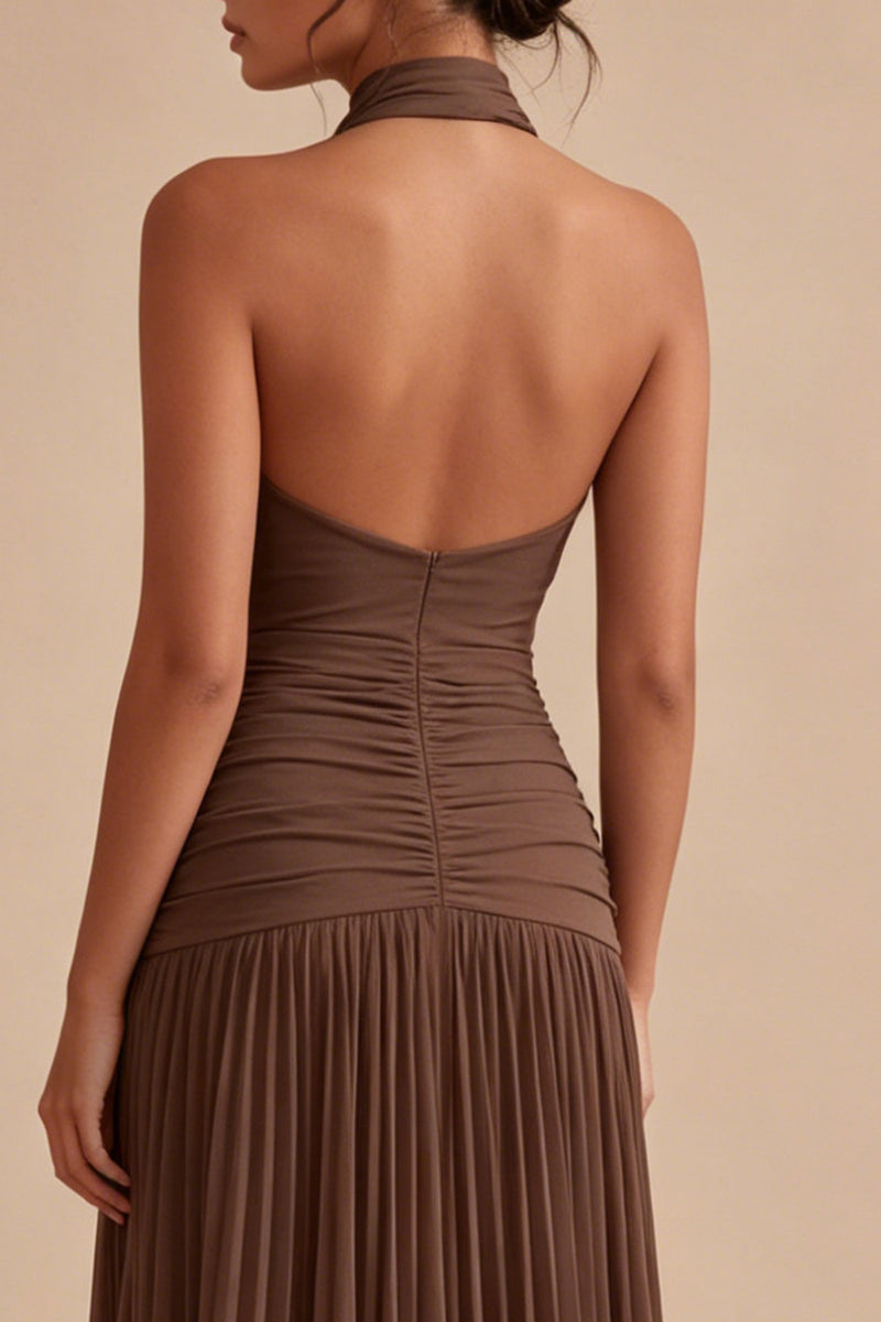 Load image into Gallery viewer, High Neck Dark Coffee Peated Sheath Long Formal Dress