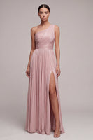 Load image into Gallery viewer, One Shoulder Dusty Rose Peated Sheath Long Formal Dress with Slit