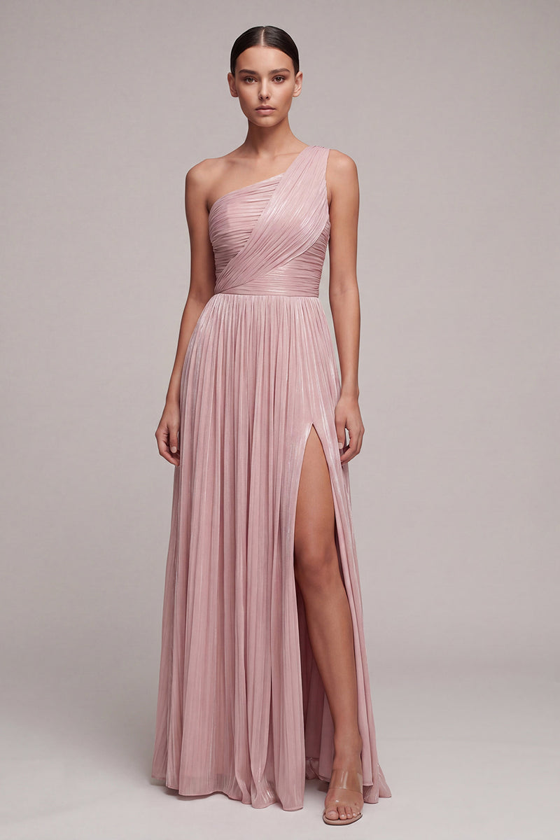 Load image into Gallery viewer, One Shoulder Dusty Rose Peated Sheath Long Formal Dress with Slit