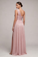 Load image into Gallery viewer, One Shoulder Dusty Rose Peated Sheath Long Formal Dress with Slit
