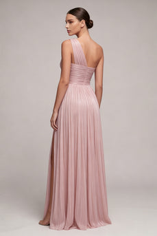 One Shoulder Dusty Rose Peated Sheath Long Formal Dress with Slit