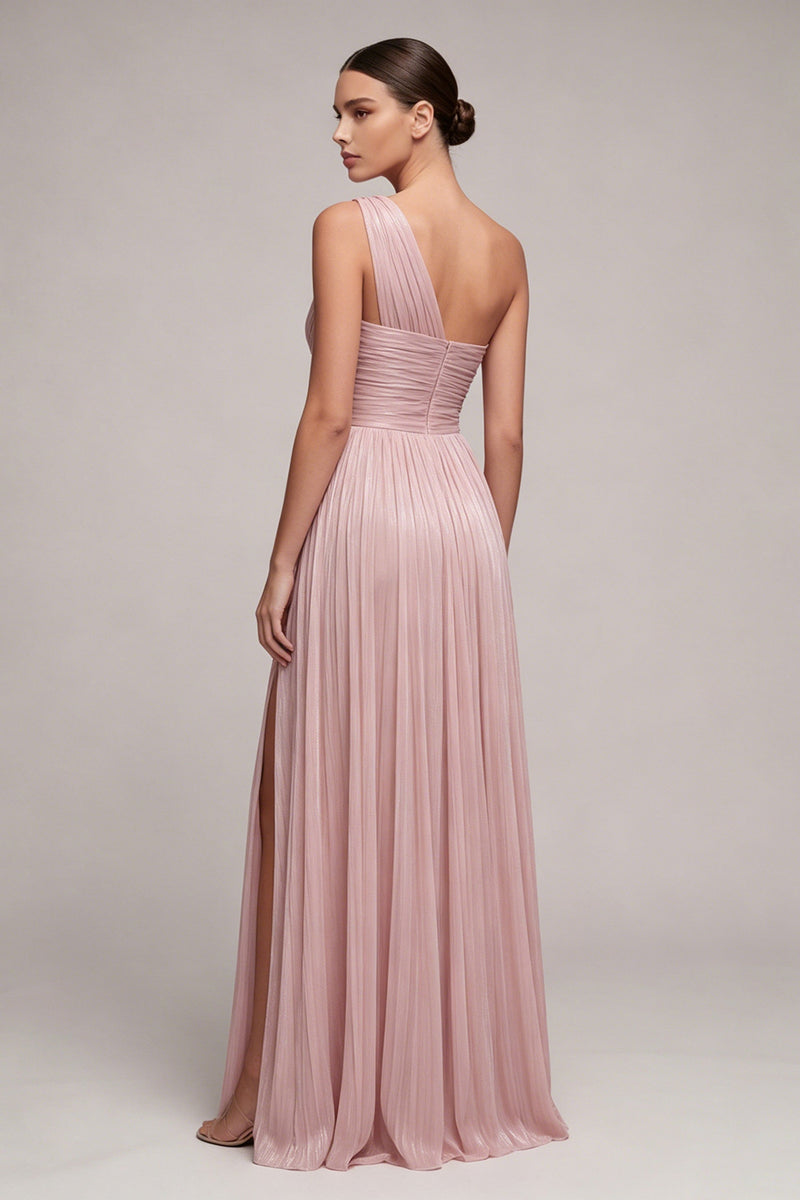 Load image into Gallery viewer, One Shoulder Dusty Rose Peated Sheath Long Formal Dress with Slit