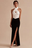 Load image into Gallery viewer, Black and White Ruched Halter Neck Mermaid Long Formal Dress