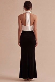 Black and White Ruched Halter Neck Mermaid Long Formal Dress