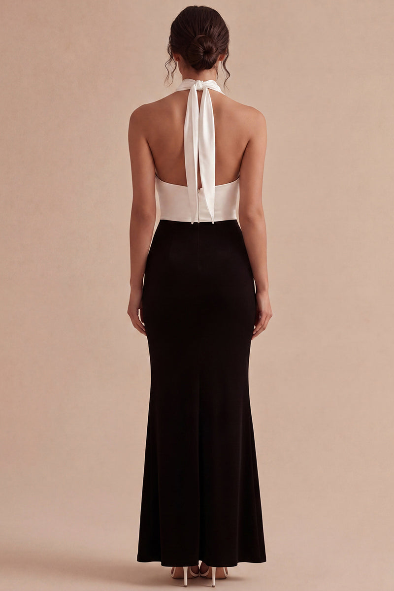 Load image into Gallery viewer, Black and White Ruched Halter Neck Mermaid Long Formal Dress
