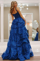 Load image into Gallery viewer, Glitter Royal Blue A Line Long Tiered Appliqued Formal Dress With Slit