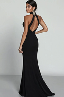 Load image into Gallery viewer, Black Halter Neck Satin Mermaid Formal Dress with Slit