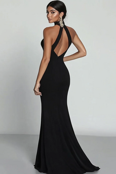 Black Halter Neck Satin Mermaid Formal Dress with Slit