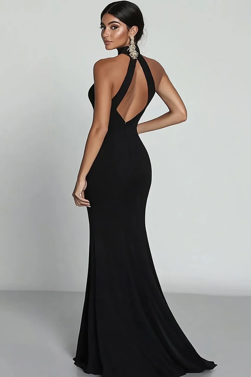 Load image into Gallery viewer, Black Halter Neck Satin Mermaid Formal Dress with Slit