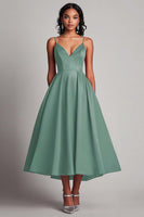 Load image into Gallery viewer, Red Spaghetti Straps Satin Tea Length Long Formal Dress