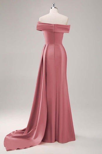 Champagne Satin Off The Shoulder Mermaid Long Formal Dress