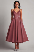 Load image into Gallery viewer, Red Spaghetti Straps Satin Tea Length Long Formal Dress