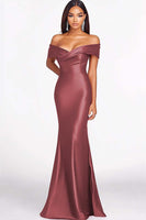 Load image into Gallery viewer, Red Satin Off the Shoulder Mermaid Long Formal Dress
