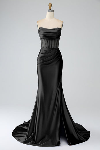 Blush Pink Satin Mermaid Strapless Corset Long Formal Dress with Slit