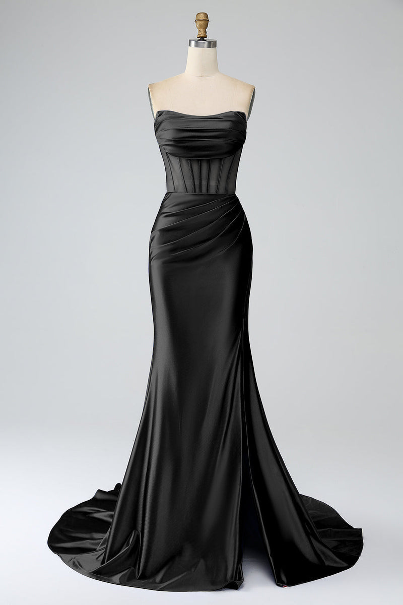 Load image into Gallery viewer, Blush Pink Satin Mermaid Strapless Corset Long Formal Dress with Slit