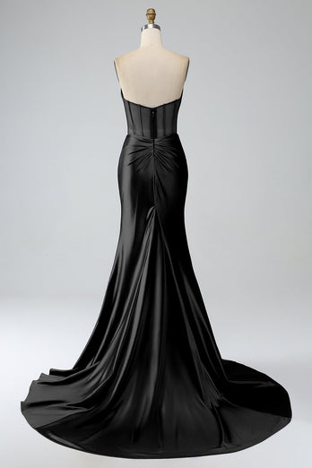Blush Pink Satin Mermaid Strapless Corset Long Formal Dress with Slit